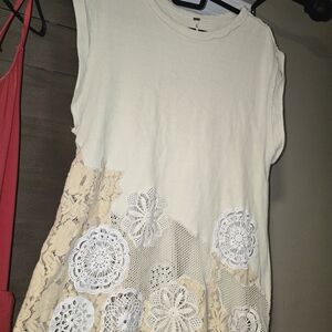 Free People Cream and Tan Lace Blouse